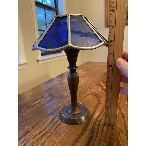 Handmade Stained Glass Blue Tealight Candle Lamp With Brass Base - Picture 3 of 7